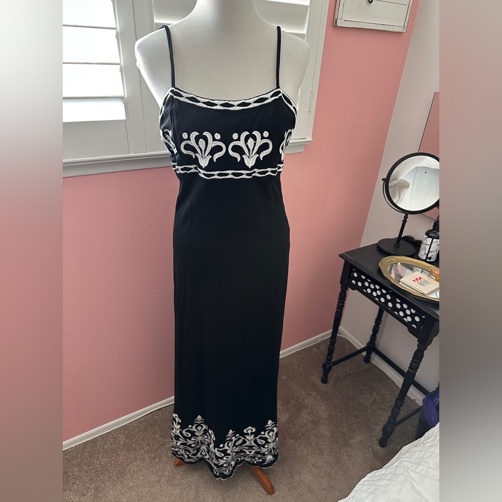 INC International Concepts Black Maxi Dress with White Embroidery